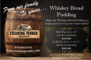 Graphic showing a recipe for Whiskey Bread Pudding.