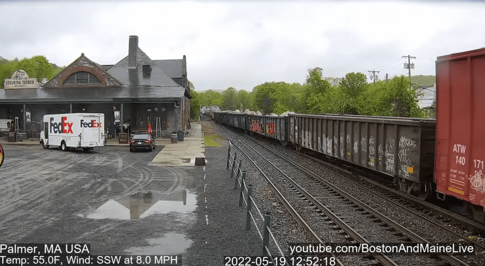 Screenshot of the live Palmer, Massachusetts rail cam outside Steaming Tender restaurant.