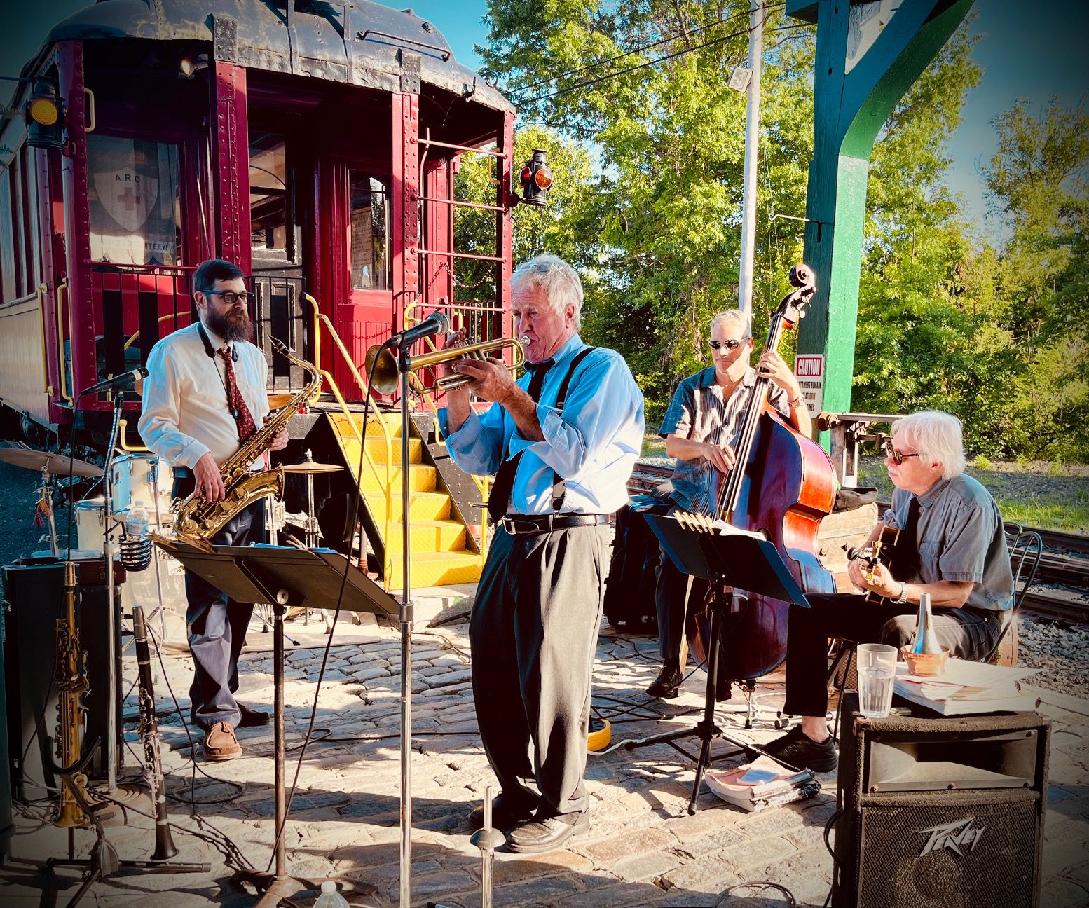 Photo of live swing music band playing on the patio at Steaming Tender restaurant in Palmer, MA.
